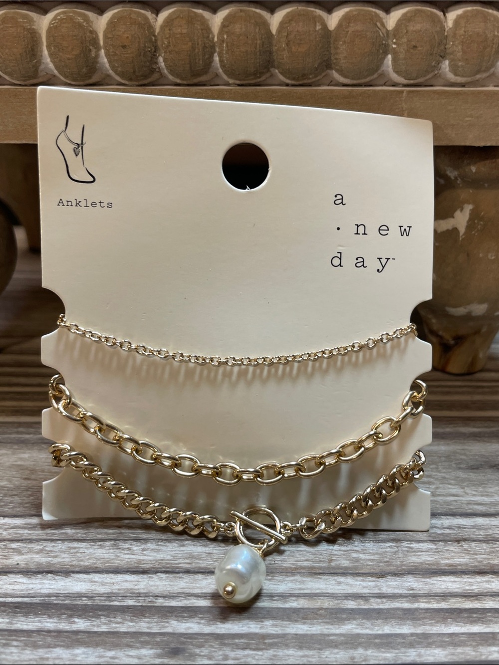 Gold 3 Layered Anklet Set with Pearl Charm